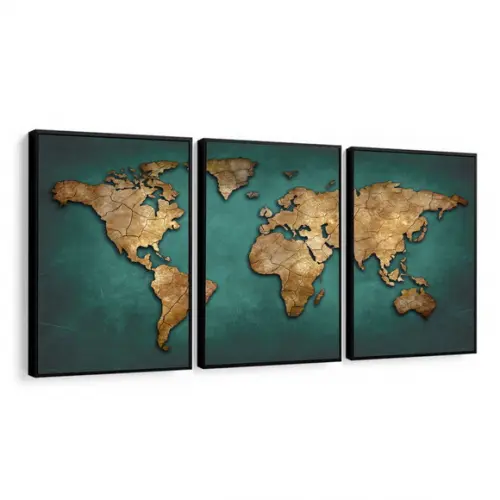 Kit 3 Quadros Decorativos Mapa Mundi para Sala com Moldura