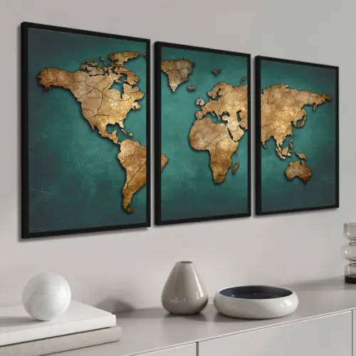 Kit 3 Quadros Decorativos Mapa Mundi para Sala com Moldura