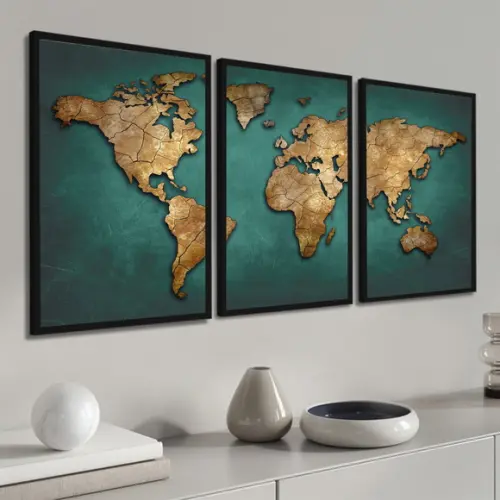 Kit 3 Quadros Decorativos Mapa Mundi para Sala com Moldura