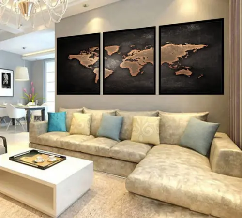 Kit 3 Quadros Decorativos Mapa Mundi Preto Conjunto Moldura