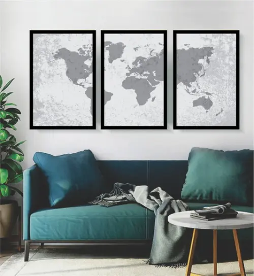 Kit 3 Quadros Decorativos Mapa Mundi Preto e Branco Moldura