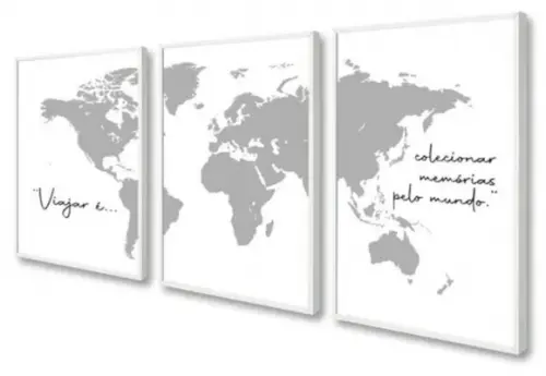Kit 3 Quadros Decorativos Mapa Mundi Quarto Sala Com Moldura