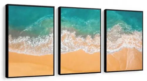 Kit 3 Quadros Decorativos Mar Azul Hall Paisagem Com Moldura