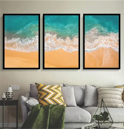 Kit 3 Quadros Decorativos Mar Azul Hall Paisagem Com Moldura