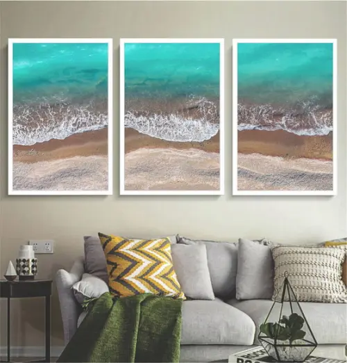 Kit 3 Quadros Decorativos Mar Azul Paisagem Moderno Moldura
