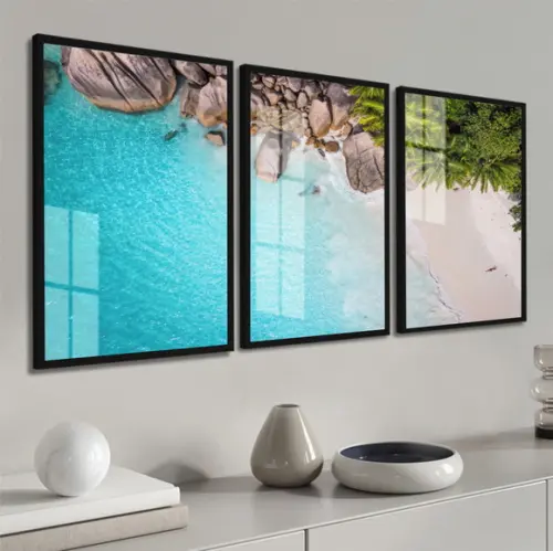 Kit 3 Quadros Decorativos Mar Azul Paisagem Moldura e Vidro