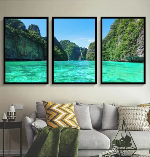 Kit 3 Quadros Decorativos Mar Azul Paisagem Sala Com Moldura