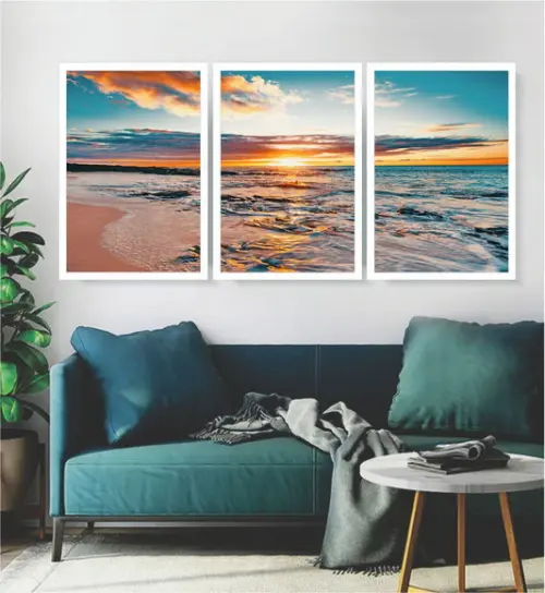 Kit 3 Quadros Decorativos Mar Azul Pôr Do Sol Praia Moldura