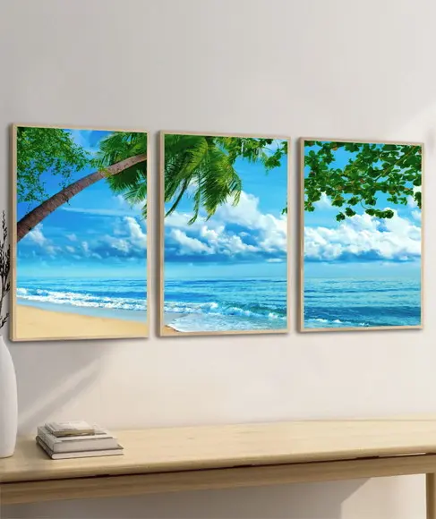 Kit 3 Quadros Decorativos Mar Azul Praia Coqueiro Moldura