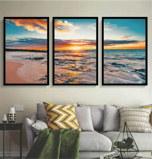 Kit 3 Quadros Decorativos Mar Azul Pôr Do Sol Praia Moldura