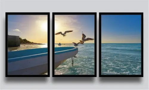 Kit 3 Quadros Decorativos Mar Gaivotas Barco Trio Molduras