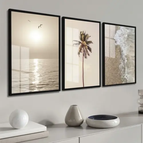 Kit 3 Quadros Decorativos Mar Coqueiro Boho Moldura e Vidro