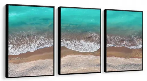 Kit 3 Quadros Decorativos Mar Paisagem Azul Onda Com Moldura