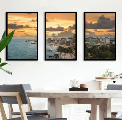 Kit 3 Quadros Decorativos Mar Paisagem Cidades Com Moldura