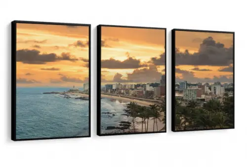 Kit 3 Quadros Decorativos Mar Paisagem Cidades Com Moldura