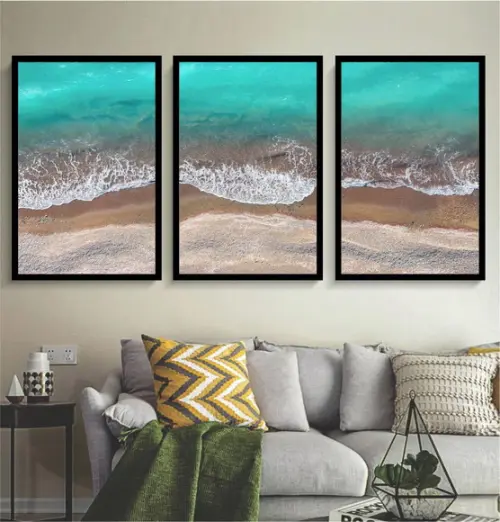 Kit 3 Quadros Decorativos Mar Paisagem Azul Onda Com Moldura