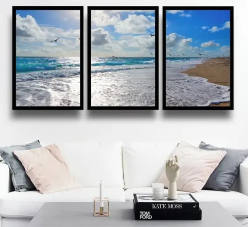 Kit 3 Quadros Decorativos Mar Pássaros Gaivotas Onda Moldura