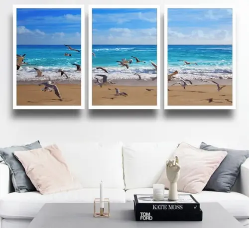 Kit 3 Quadros Decorativos Mar Pássaros Gaivotas Trio Moldura
