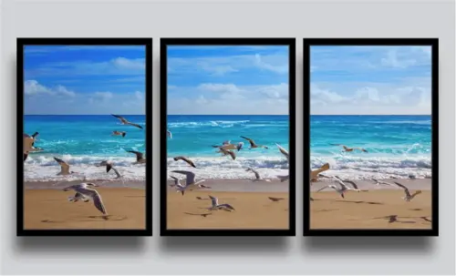 Kit 3 Quadros Decorativos Mar Pássaros Gaivotas Trio Moldura