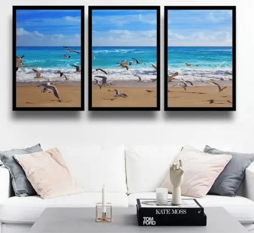 Kit 3 Quadros Decorativos Mar Pássaros Gaivotas Trio Moldura