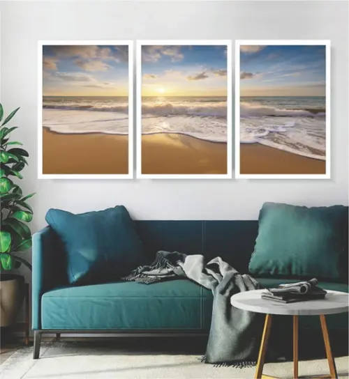 Kit 3 Quadros Decorativos Mar Por Do Sol Paisagem Moldura