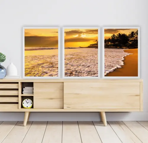 Kit 3 Quadros Decorativos Mar Pôr Do Sol Para Sala Moldura