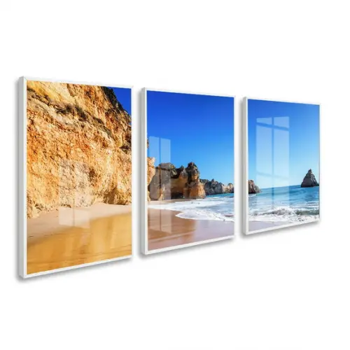 Kit 3 Quadros Decorativos Mar Praia Paisagem Moldura e Vidro