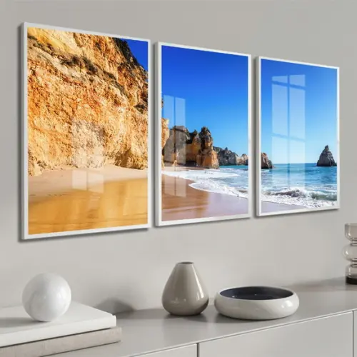 Kit 3 Quadros Decorativos Mar Praia Paisagem Moldura e Vidro