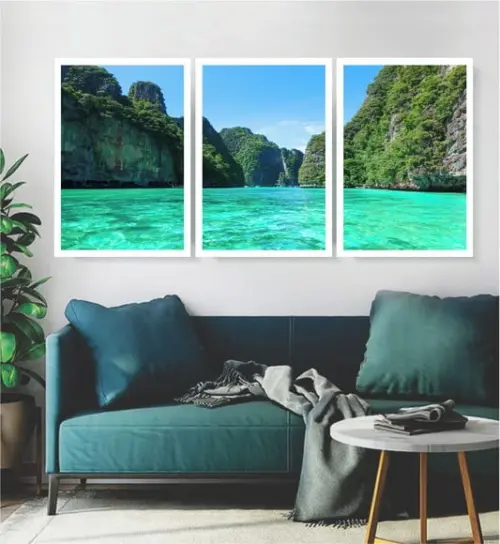 Kit 3 Quadros Decorativos Mar Tailândia Paisagem Com Moldura