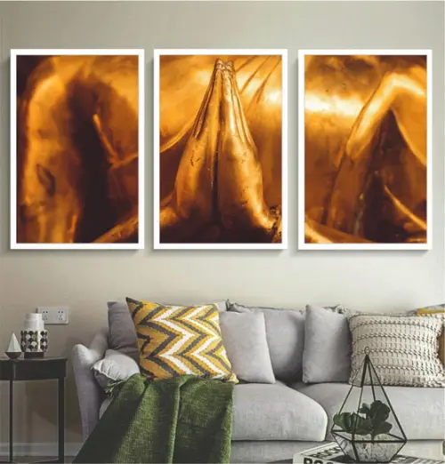 Kit 3 Quadros Decorativos Meditação Buda Dourado Com Moldura