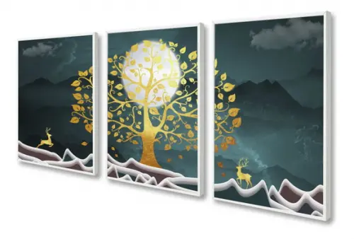 Kit 3 Quadros Decorativos Moderno Arvore Dourada Com Moldura