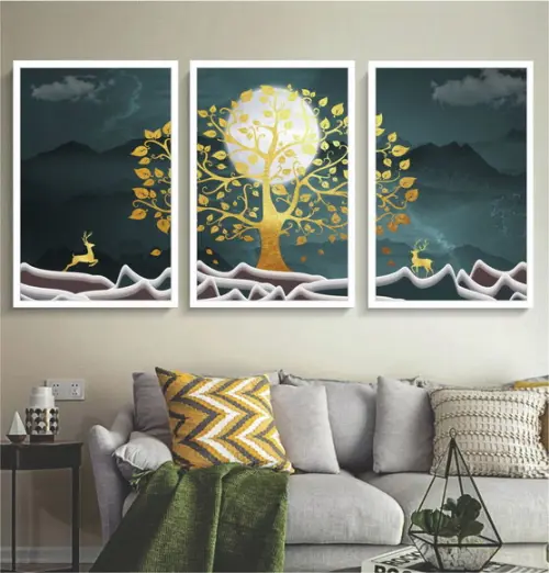 Kit 3 Quadros Decorativos Moderno Arvore Dourada Com Moldura