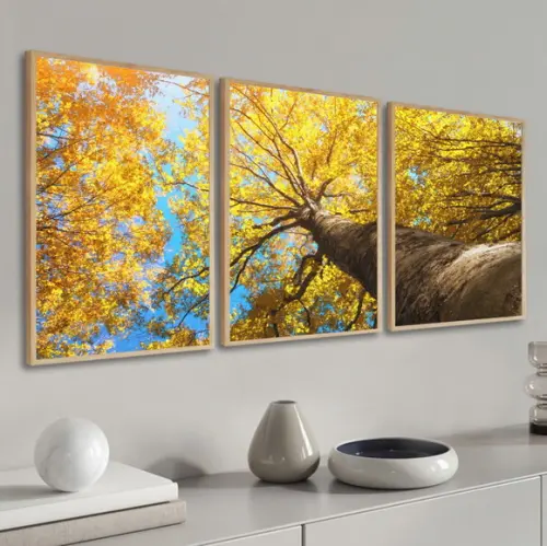 Kit 3 Quadros Decorativos Moderno Arvore Ipê Amarelo Moldura