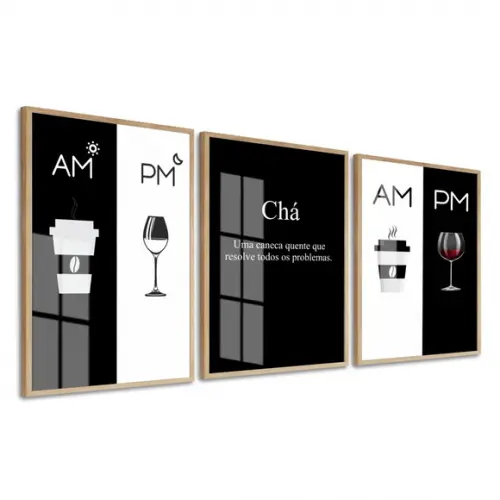 Kit 3 Quadros Decorativos Moderno Cozinha Vinho Café Vidro