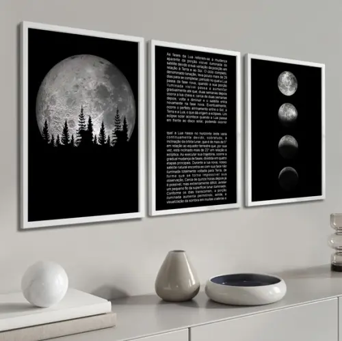 Kit 3 Quadros Decorativos Moderno Fases Da Lua Frase Moldura