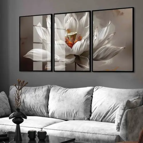 Kit 3 Quadros Decorativos Moderno Flor com Moldura e Vidro