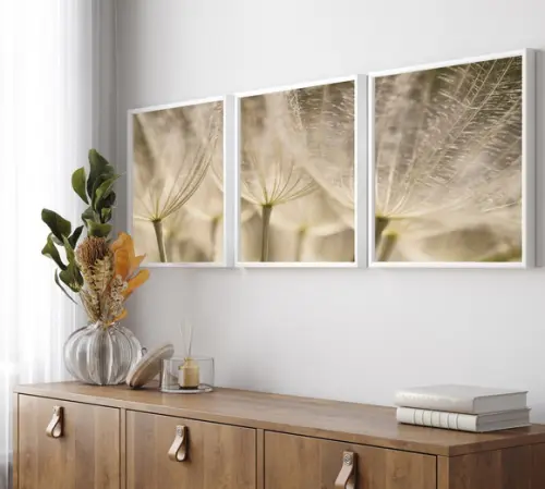 Kit 3 Quadros Decorativos Moderno Flor Dente De Leão Moldura