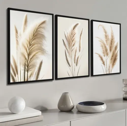 Kit 3 Quadros Decorativos Moderno Folhagem Boho Bege Moldura
