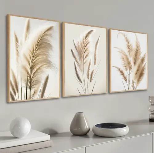 Kit 3 Quadros Decorativos Moderno Folhagem Bege Boho Moldura