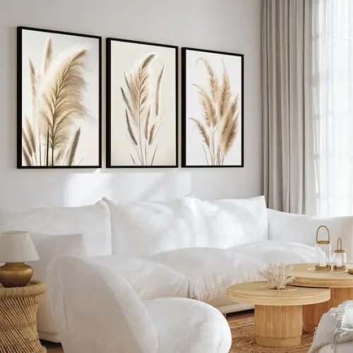 Kit 3 Quadros Decorativos Moderno Folhagem Boho Bege Moldura