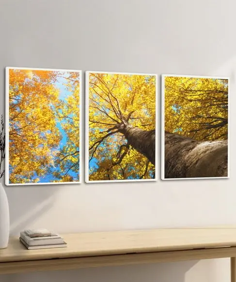Kit 3 Quadros Decorativos Moderno Ipê Amarelo Arvore Moldura