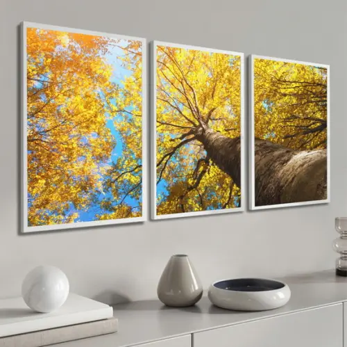 Kit 3 Quadros Decorativos Moderno Ipê Amarelo Arvore Moldura