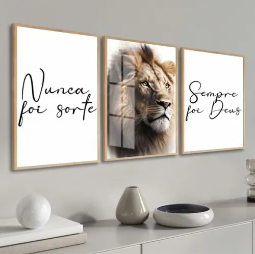 Kit 3 Quadros Decorativos Moderno Leão Frases Moldura Vidro