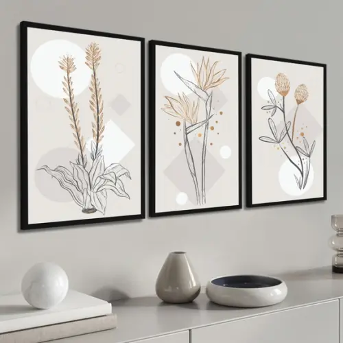Kit 3 Quadros Decorativos Modernos Abstrato Flores Moldura
