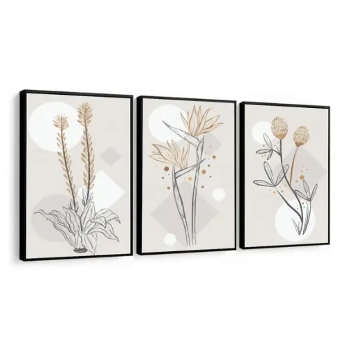 Kit 3 Quadros Decorativos Modernos Abstrato Flores Moldura