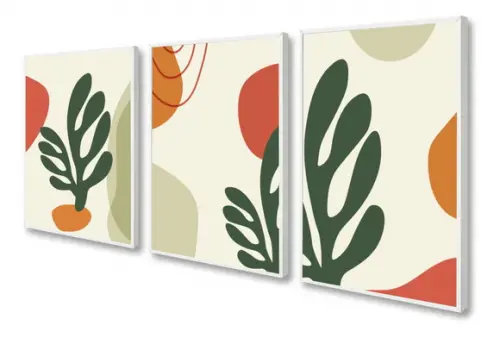 Kit 3 Quadros Decorativos Modernos Abstrato Folhagem Moldura