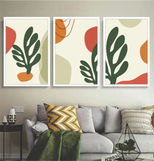 Kit 3 Quadros Decorativos Modernos Abstrato Folhagem Moldura