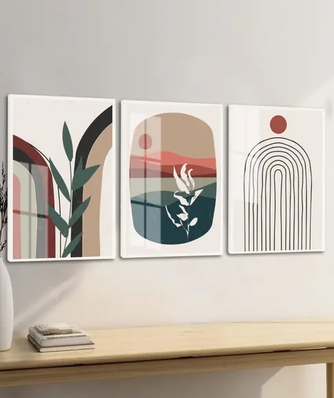 Kit 3 Quadros Decorativos Modernos Abstrato Folhas com Vidro