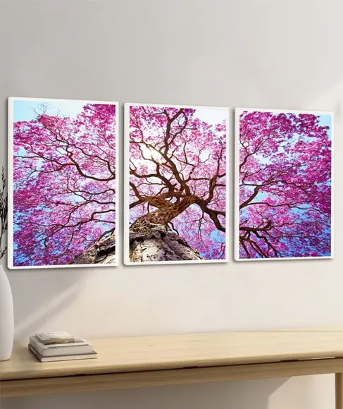 Kit 3 Quadros Decorativos Modernos Arvore Ipê Rosa Moldura