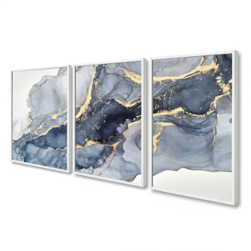 Kit 3 Quadros Decorativos Modernos Azul Dourado Com Moldura
